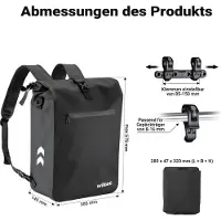 Wiltec Gepäckträgertasche schwarz, Fahrradtasche Rucksack 25 l Stauraum, Gepäcktasche mit Laptopfach, wasserresistente Fahrrad Tasche