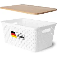 Novaliv Aufbewahrungsbox mit Holzdeckel Groß 14L Korb Weiß in Rattan Design Lebensmittelecht Aufbewahrungskorb Stapelbox Nestbar Kunststoff BPA-frei Kiste Verstaubbox mit Deckel