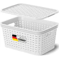 Novaliv Aufbewahrungsbox mit Deckel Mini 2L Korb Weiß in Rattan Design Lebensmittelecht Aufbewahrungskorb Stapelbox Nestbar Kunststoff BPA-frei Kiste Verstaubbox mit Deckel