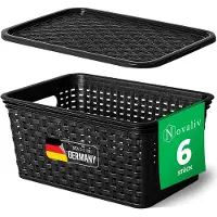 Novaliv 6er Set Aufbewahrungsboxen mit Deckel Klein 5L Korb Schwarz in Rattan Design Lebensmittelecht Aufbewahrungskorb Stapelboxen Nestbar Kunststoff BPA-frei Kiste Verstaubboxen mit Deckel