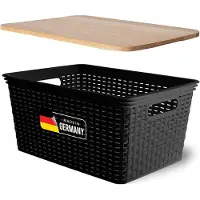Novaliv Aufbewahrungsbox mit Holzdeckel Groß 14L Korb Schwarz in Rattan Design Lebensmittelecht Aufbewahrungskorb Stapelbox Nestbar Kunststoff BPA-frei Kiste Verstaubbox mit Deckel