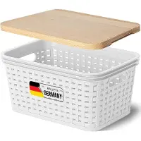 Novaliv Aufbewahrungsbox mit Holzdeckel Mini 2L Korb Weiß in Rattan Design Lebensmittelecht Aufbewahrungskorb Stapelbox Nestbar Kunststoff BPA-frei Kiste Verstaubbox mit Deckel