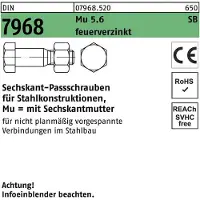 Reyher DIN 7968 - Stahl 5.6 feuerverzinkt - M 12x60 - Sechskant-Passschrauben für Stahlkonstruktionen CE