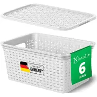 Novaliv 6er Set Aufbewahrungsboxen mit Deckel Klein 5L Korb Weiß in Rattan Design Lebensmittelecht Aufbewahrungskorb Stapelboxen Nestbar Kunststoff BPA-frei Kiste Verstaubboxen mit Deckel