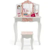 Costway Kinder Schminktisch mit Hocker, 2 IN 1 Frisiertisch Schreibtisch mit dreifach klappbarem Spiegel & Abnehmbarer Platte & Schublade, Schminkkommode im Prinzessin-Stil (Zebra)