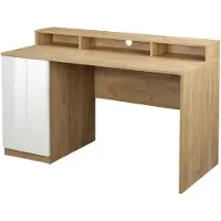 Otto Home Schreibtisch "Lund", weiß (eichefarben, weiß hochglanz, eichefarben, eichefarben), B:140cm H:75,7cm T:60cm, Tische, Schreibtisch, Monitoraufsatz, Hochglanzfronten, Breite 140 cm