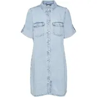 Vero Moda Jeanskleid "VMJENNIE SS SHORT DENIM DRESS NOOS", Damen, Gr. XL, N-Gr, Kurzarm, Denim/Jeans, blau (light blau denim), Denim/Jeans, Obermaterial: 90% Baumwolle, 10% Viskose, Kleider Jeanskleid