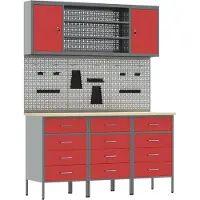 vidaXL Werkbank mit Schubladen 7 pcs Rot Ingenieure Holz und Stahl