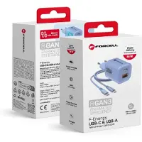 Forcell F-ENERGY Crystal Color GaN III VT-41 travel charger with silicone cable with 1 x Type C + 1x USB A sockets, PD QC4.0 33W blue