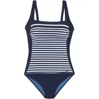 LASCANA Badeanzug "Myst", Damen, Gr. 44, Cup F, blau (marine, weiß), Recycling-Polyamid, gestreift, Badeanzüge Badeanzug, mit platziertem Streifen-Design und Shaping-Effekt
