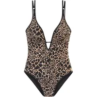 LASCANA Badeanzug "Zaba", Damen, Gr. 44, Cup A/B, schwarz (schwarz, gold), Recycling-Polyamid, Badeanzüge Badeanzug, Mit goldfarbigen Zierperle, Topseller