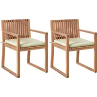 Beliani Gartenstuhl 2er Set Hellbraun es Akazienholz Lamellen-Optik mit Sitzkissen Hellgrün UV-beständig Rustikal Holzstuhl Terrasse Balkon