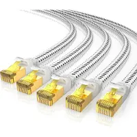 Primewire LAN-Kabel 5er Set CAT 7 Flachband Netzwerkkabel 10 Gbit/s, U/FTP PIMF Schirmung, vergoldete RJ45-Stecker, Baumwollmantel, Patchkabel, 5 Stück, 0,5 m, weiß