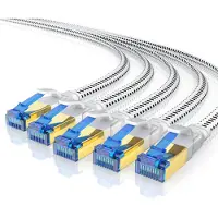 Primewire Flachband LAN-Kabel 5er Set CAT 8, 40 Gbit/s Netzwerkkabel mit RJ45-Stecker, geschirmt, Baumwollmantel, vergoldete Kontakte, Patchkabel, 5 Stück, 0,25 m, weiß