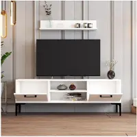 Skye Decor , Hochwertiger TV-Schrank, 140 x 48 x 30 cm, 100% melaminbeschichtete Spanplatte, 18 mm dick, mit Metallbeinen, zahlreichen Regalen & Wandregal (80 x 14,2 x 13,6 cm) in Weiß.