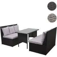 Mendler Poly-Rattan Garnitur HWC-G16, Garten-/Lounge-Set Sitzgruppe, Gastronomie 2x2er Sofa Tisch schwarz, Kissen hellgrau
