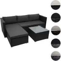 Mendler Poly-Rattan Garnitur HWC-F57, Balkon-/Garten-/Lounge-Set Sofa Sitzgruppe schwarz, Kissen dunkelgrau ohne Deko-Kissen