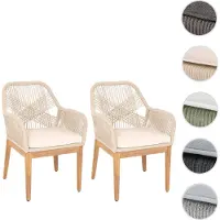 Mendler 2er-Set Gartenstuhl HWC-H56b, Sessel Outdoor, wetterfest Seilgeflecht Rope Holz Akazie beige Kissen creme-weiß
