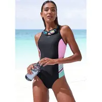 LASCANA Badeanzug ACTIVE, Damen, Gr. 46, N-Gr, schwarz (schwarz, mint), Recycling-Polyamid, Xtra Life LYCRA, gestreift, Badeanzüge Badeanzug, mit hohem Rücken