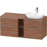 Duravit D-Neo Konsolenwaschtischunterbau wandhängend (Ausschnitt rechts), 1400x664x550mm, 2 Auszüge, 2 Schubkästen, 2 offene Fächer, mit Griff Edelstahl gebürstet, DE4970R70790000, Farbe: Nussbaum
