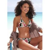 LASCANA Bikini-Hose "Salsa", Damen, Gr. 42, N-Gr, schwarz (schwarz bedruckt), Microfaser, Recycling-Polyamid, geblümt, Badehosen Bikini-Hose, mit Zierringen und tollem Blumenprint