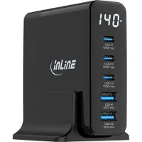 InLine USB PD Netzteil, GaN Ladegerät, 5-Port, USB-C + USB-A, 140W, mit Display, Drinnen, AC, 20 V, Schwarz