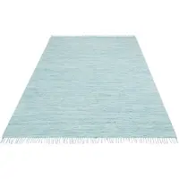 Otto Home Teppich "Paul, Handwebteppich" Gr. 2, blau (aquamarin), B:70cm H:5mm L:140cm, Baumwolle, Teppiche, Teppich, reine Baumwolle, Uni, handgewebt, Wendeteppich, mit Fransen, Läufer