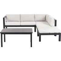 Beliani Lounge Set Schwarz Aluminium mit Auflagen Cremeweiß Stoff Skandi Modern 5-Sitzer Ecksofa Ottomane und 1 Couchtisch Terrasse Garten Möbel
