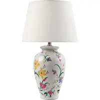 Beliani Tischlampe Weißer Porzellansockel Leinen-Trommelschirm mit Blumenmuster Beleuchtung Stilvoll