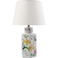 Beliani Tischlampe Weißer Porzellansockel Leinen-Trommelschirm mit Blumenmuster Beleuchtung Stilvoll