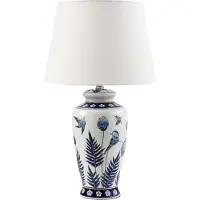 Beliani Tischlampe Weiß und Blau Porzellansockel Leinen-Trommelschirm mit Blumenmuster Beleuchtung Stilvoll