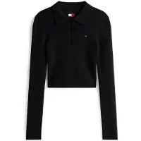 Tommy Hilfiger Polokragenpullover TOMMY JEANS "TJW ESSENTIAL POLO LS SWEATER", Damen, Gr. M (38), schwarz, Strick, Obermaterial: 80% Baumwolle, 20% Polyamid, unifarben, regular fit, Pullover Polokragenpullover