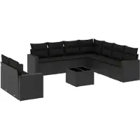 The Living Store 10-tlg. Garten-Sofagarnitur mit Kissen Schwarz Poly Rattan