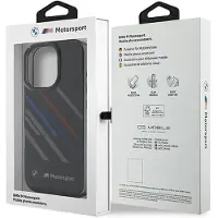BMW BMHCP16L23HTRAK iPhone 16 Pro 6,3 Zoll, Schwarz, Hartschalenhülle, Motorsport-Design, IML-Aufdruck, zufällige Streifen