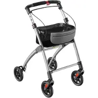 Aktiv shop GmbH ELONEO Wohnungsrollator 54cm breit, faltbar und leicht, inkl. Tablett & Stoffkorb, Rollator schmal für die Wohnung, Indoor-Rollator, klappbar silber