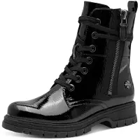 Marco Tozzi Schnürboots BY GMK, Damen, Gr. 38, wärmend, schwarz, Lacklederimitat, glänzend, Schuhe Schnürboots, Blockabsatz, Schnürboots mit Zierreißverschluss
