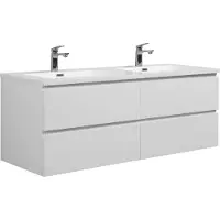 Badplaats Badmöbel Set mit Waschbecken und Unterschrank Angela 140 x 48 cm Weiß Hochglanz - Waschbeckenunterschrank mit Soft-Close und Doppelwaschbecken, Vorgemontiert