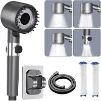 OEM Duschkop mit Sprühlänge, Duschkop mit Filter, wassersparender Duschkop, Druckverstärkender Handduschkop mit 4 Wasserstrahlarten, Duschkop mit Massagefunktion und Stoppknopf, metallisch silber