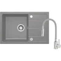Deante Set: Granitspüle ZRD_S113 + Spültischarmatur mit flexiblem Auslauf BOC_S740 Stahl-Grau + Ablaufgarnitur Grau Metallic ZRDGS113