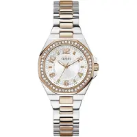 GUESS Quarzuhr "CONTESSA", silber (silberfarben, roségoldfarben, weiß), Armbanduhren, Damen, silberfarben, Quarzuhr, Armbanduhr, Damenuhr, Edelstahlarmband