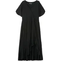Sheego Strandkleid "Jerseykleid Jerseykleid in Wickeloptik, mit Volantrock", Damen, Gr. 56, N-Gr, schwarz, Modisch, V-Ausschnitt, Kleider Strandkleid, in Wickeloptik, mit Volantrock