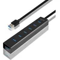Axagon HUE-SA7BP 7x USB 3.0 ALU CHARGING hub Schwarz inkl. Netzteil, USB 3.2 Gen 1 (3.1 Gen 1) Type-A, USB 3.2 Gen 1 (3.1 Gen 1) Type-A, 5000 Mbit/s, Schwarz, Aluminium, Metall, 0,4 m