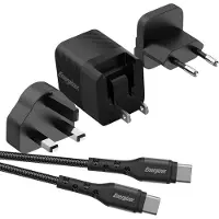 Energizer , GaN 4A USB-C 20W Netzladegerät mit Kabel und EU/UK/US Stecker, Schwarz