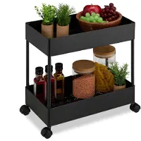 Relaxdays Rollwagen, 2 Etagen, Servierwagen, Küchenwagen, Bad & Büro, Rollregal, HxBxT: 38 x 39,5 x 21,5 cm, schwarz