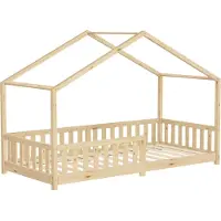 ML-Design Kinderbett Hausbett 90x200 cm Natur, Holzbett mit Rausfallschutz Lattenrost und Dach Spielbett aus massivem Kiefernholz für Kinder Bodenbett