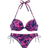 Venice beach Push-Up-Bikini "Kensi", Damen, Gr. 42, Cup B, lila (marine, pink bedruckt), Xtra Life LYCRA, bedruckt, kontrastfarbene Details, Bikini-Sets Push-Up-Bikini, mit Kontrasthäkelkante