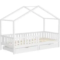 ML-Design Kinderbett Hausbett 90x200 cm Weiß mit 2 Schubladen Holzbett mit Rausfallschutz Lattenrost und Dach, Spielbett aus Kiefernholz, Bodenbett