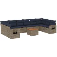 vidaXL 11-teiliges Gartensofa-Set mit Kissen, grau, Polyrattan