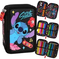 St. Majewski Disney STITCH SCHWARZ Federmäppchen mit drei Fächern und Zubehör
