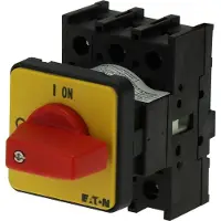 Eaton 199902 EIN-AUS-Schalter, P1, 40 A, Einbau, 3-polig, NOT-AUS-Funktion, mit rotem Knebel und gelbem Frontschild P1-40/E-RT